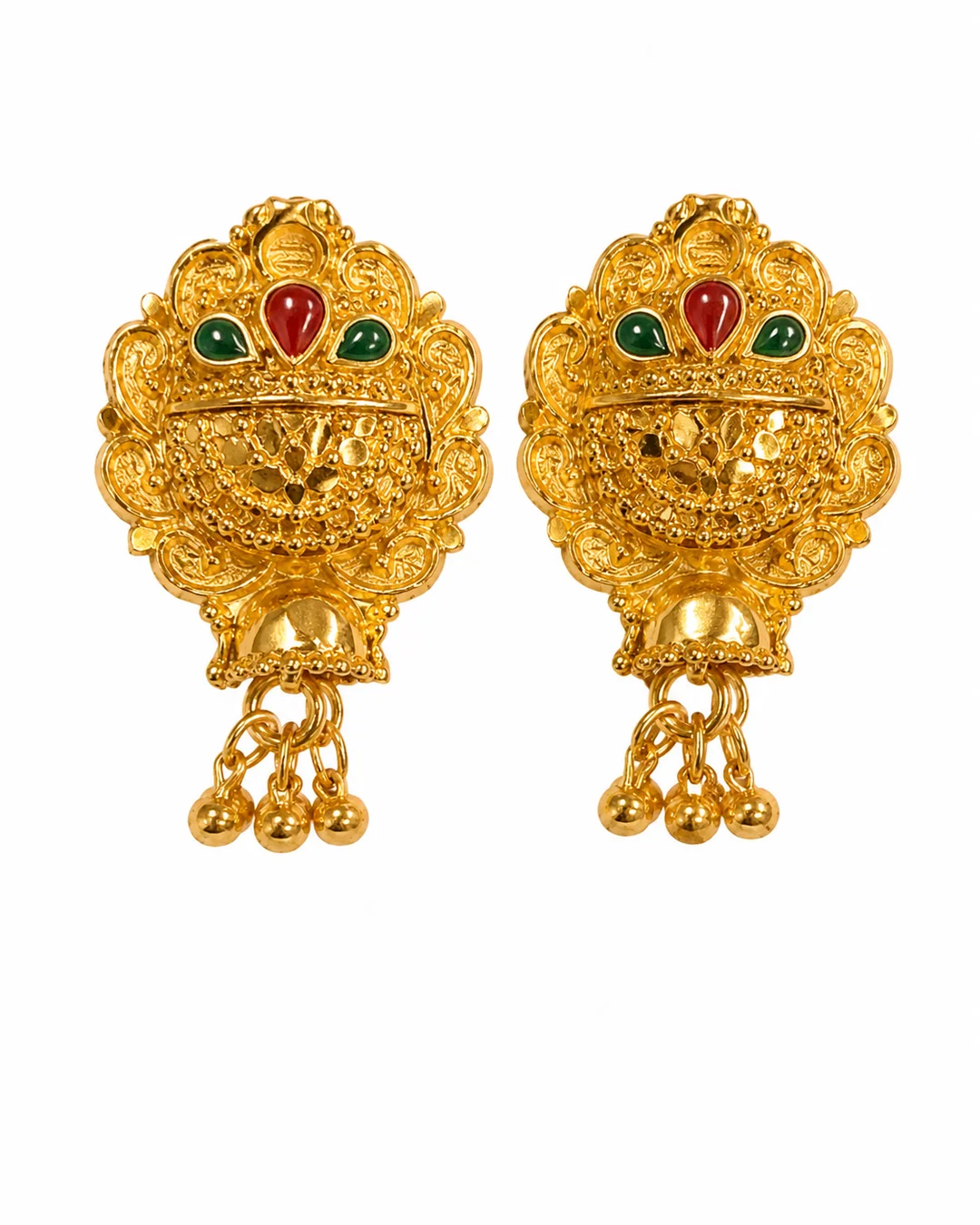 Traditional Gold Plated Peacock Design Earrings for Women – Red & Green Stone Ethnic Jhumka Style Earrings image 1