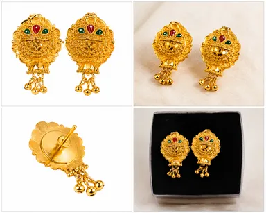 Traditional Gold Plated Peacock Design Earrings for Women – Red & Green Stone Ethnic Jhumka Style Earrings thumbnail 1