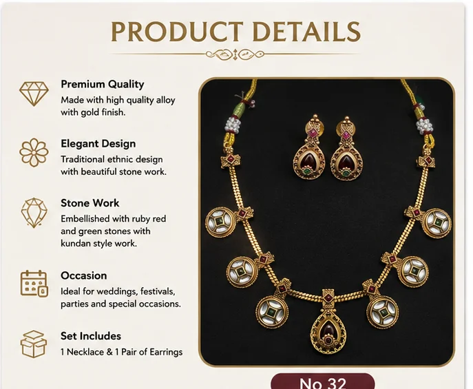 Traditional Gold-Tone Kundan Style Necklace & Matching Earrings Set with Red, Green & White Stones for Women. image 2