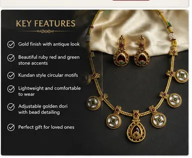 Traditional Gold-Tone Kundan Style Necklace & Matching Earrings Set with Red, Green & White Stones for Women. thumbnail 3