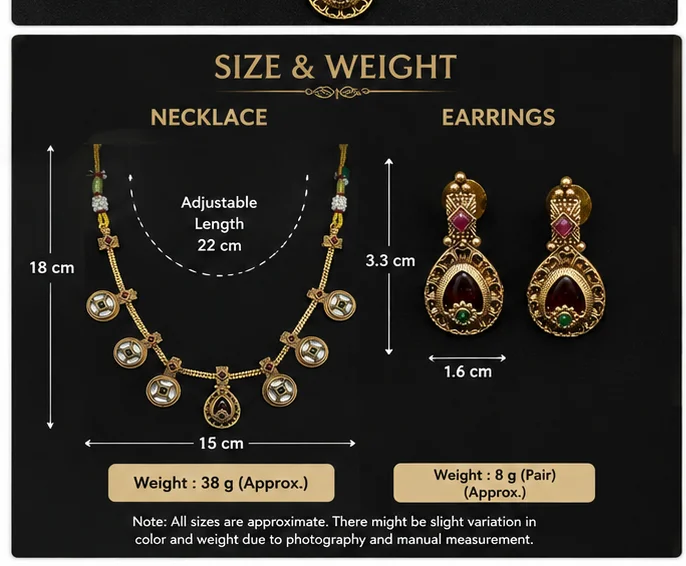 Traditional Gold-Tone Kundan Style Necklace & Matching Earrings Set with Red, Green & White Stones for Women. image 3
