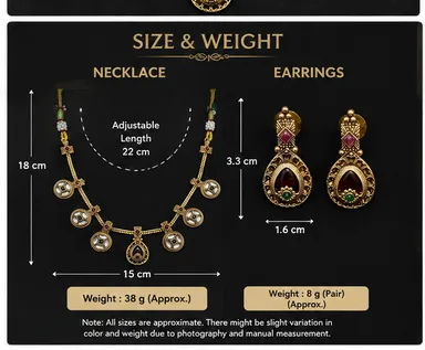 Traditional Gold-Tone Kundan Style Necklace & Matching Earrings Set with Red, Green & White Stones for Women. thumbnail 2