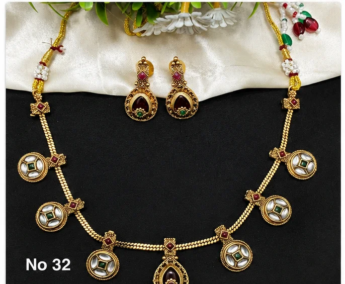 Traditional Gold-Tone Kundan Style Necklace & Matching Earrings Set with Red, Green & White Stones for Women. image 1