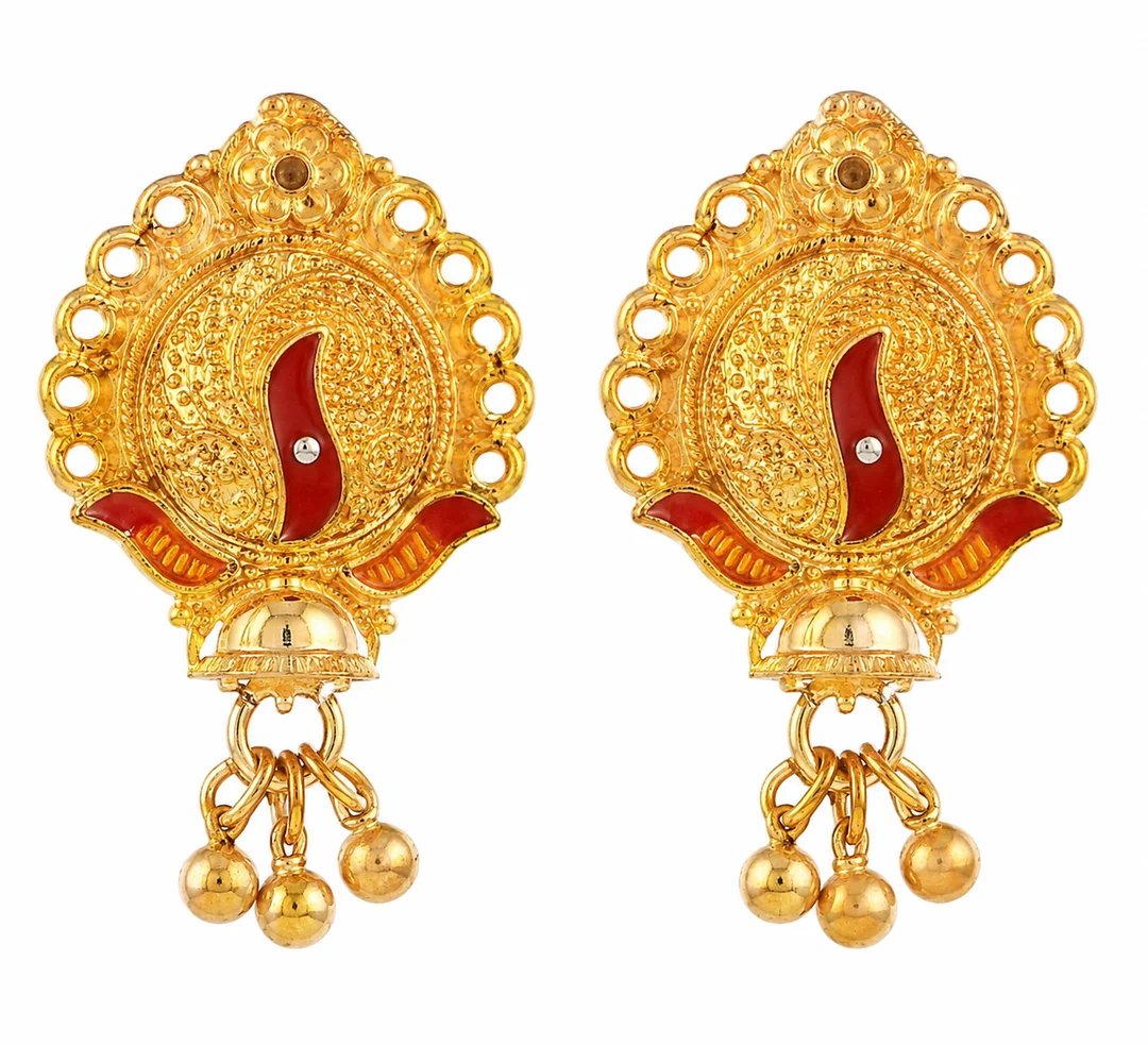 Traditional Gold-Plated Look Ethnic Drop Earrings with Red Enamel Detailing for Women image 1