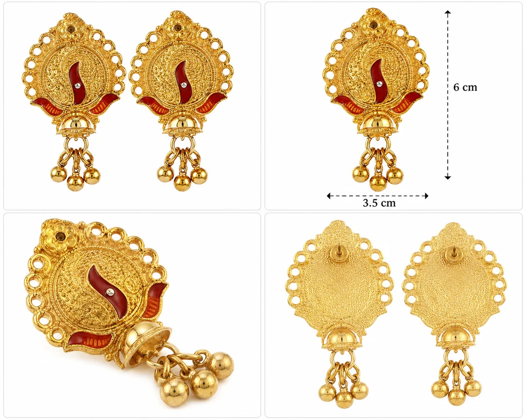 Traditional Gold-Plated Look Ethnic Drop Earrings with Red Enamel Detailing for Women image 2