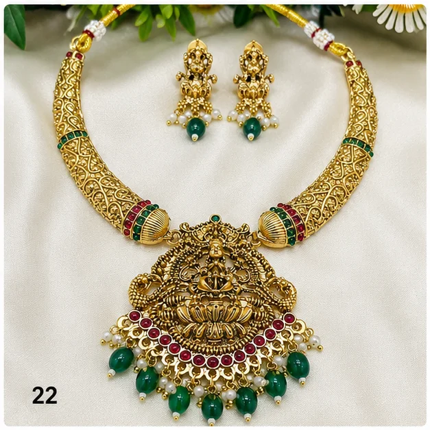 Traditional Gold-Tone Temple Jewellery Necklace & Earrings Set with Goddess Pendant, Red Green Stones. image 1
