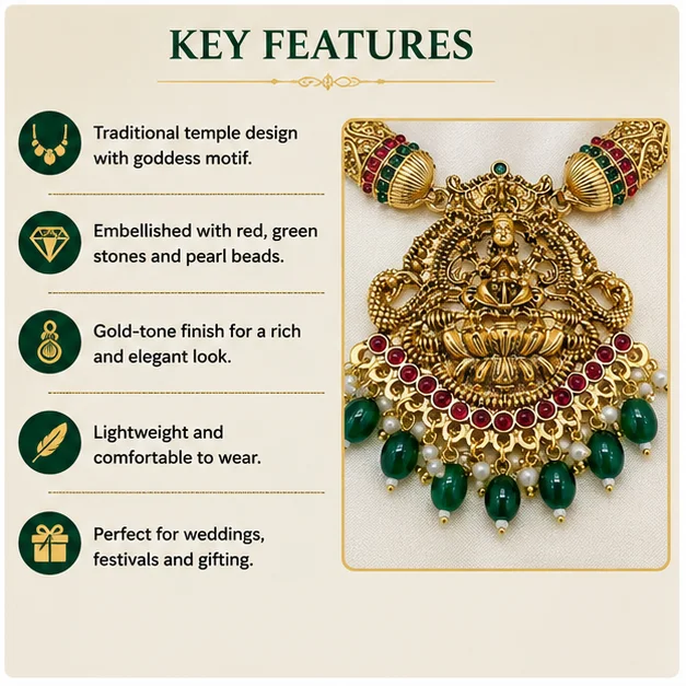 Traditional Gold-Tone Temple Jewellery Necklace & Earrings Set with Goddess Pendant, Red Green Stones. image 4
