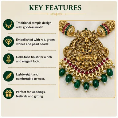 Traditional Gold-Tone Temple Jewellery Necklace & Earrings Set with Goddess Pendant, Red Green Stones. thumbnail 3