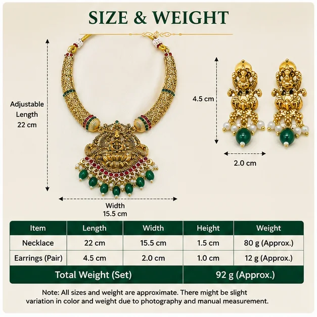 Traditional Gold-Tone Temple Jewellery Necklace & Earrings Set with Goddess Pendant, Red Green Stones. image 3
