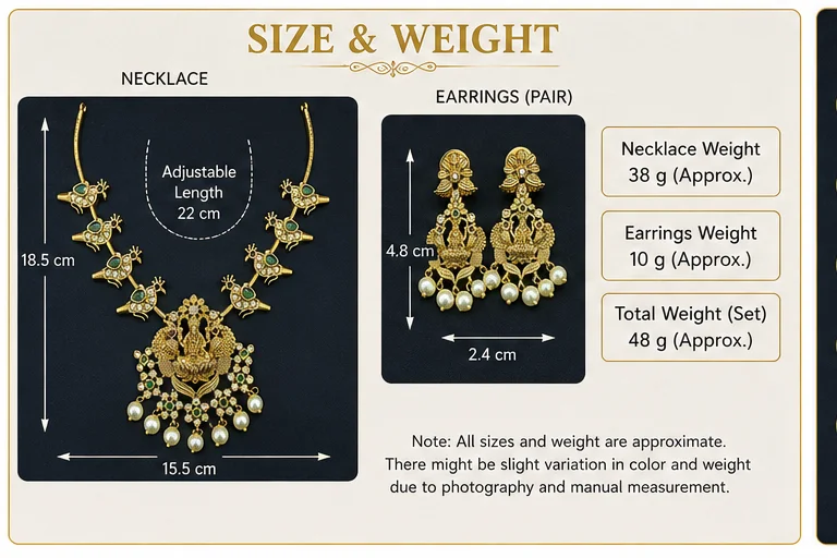 Traditional Gold-Tone Temple Jewellery Necklace & Earrings Set No. 40 with Goddess Motif, Green Red Stone-Style. image 3