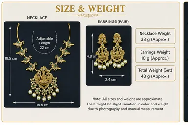 Traditional Gold-Tone Temple Jewellery Necklace & Earrings Set No. 40 with Goddess Motif, Green Red Stone-Style. thumbnail 2