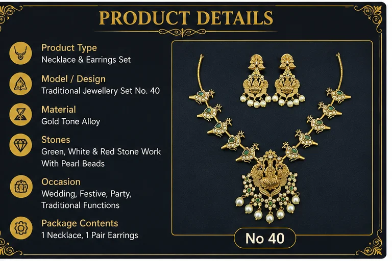 Traditional Gold-Tone Temple Jewellery Necklace & Earrings Set No. 40 with Goddess Motif, Green Red Stone-Style. image 2