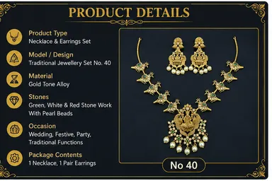 Traditional Gold-Tone Temple Jewellery Necklace & Earrings Set No. 40 with Goddess Motif, Green Red Stone-Style. thumbnail 1