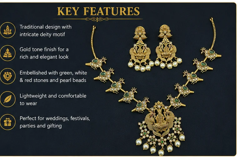 Traditional Gold-Tone Temple Jewellery Necklace & Earrings Set No. 40 with Goddess Motif, Green Red Stone-Style. image 4