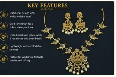 Traditional Gold-Tone Temple Jewellery Necklace & Earrings Set No. 40 with Goddess Motif, Green Red Stone-Style. thumbnail 3