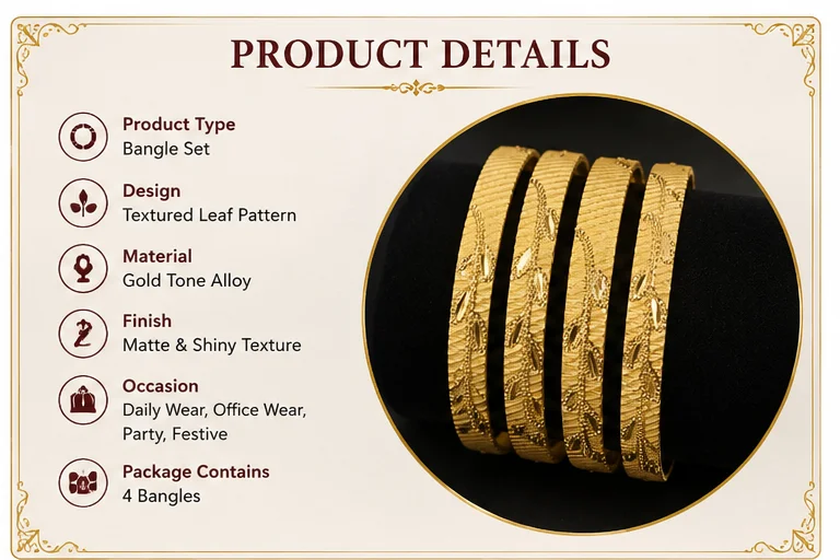 Traditional Gold-Tone Textured Leaf Design Bangle Set for Women – Elegant Ethnic & Festive Jewellery, Set of 4 image 1