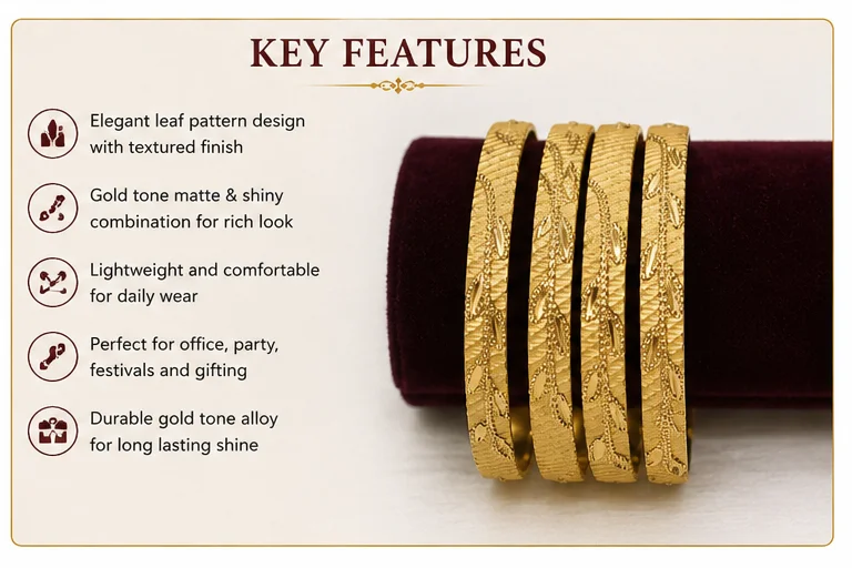 Traditional Gold-Tone Textured Leaf Design Bangle Set for Women – Elegant Ethnic & Festive Jewellery, Set of 4 image 3