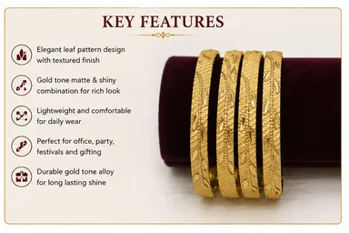 Traditional Gold-Tone Textured Leaf Design Bangle Set for Women – Elegant Ethnic & Festive Jewellery, Set of 4 thumbnail 2