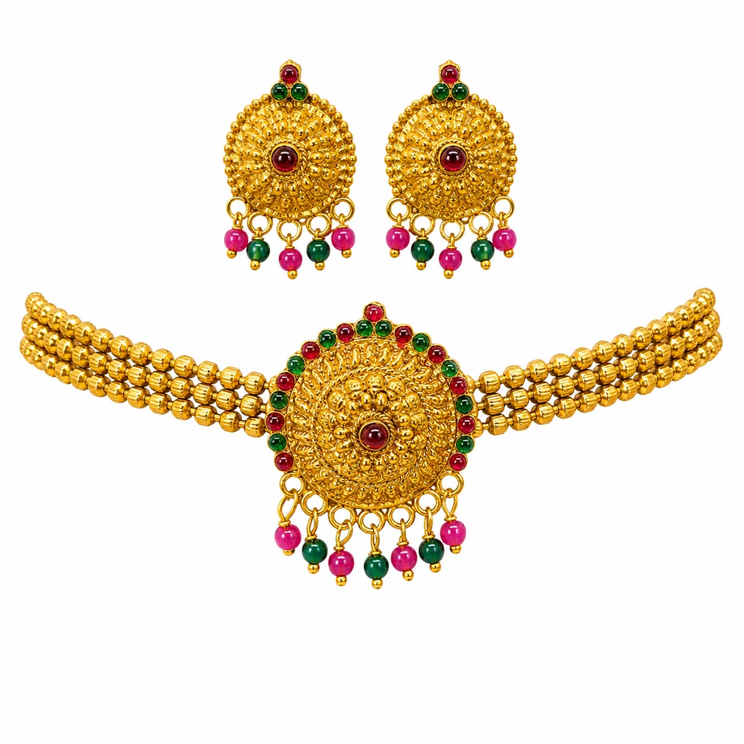 Traditional Gold Tone Temple Choker Necklace Set with Ruby & Green Beads and Matching Earrings image 1