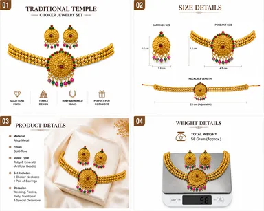 Traditional Gold Tone Temple Choker Necklace Set with Ruby & Green Beads and Matching Earrings thumbnail 1