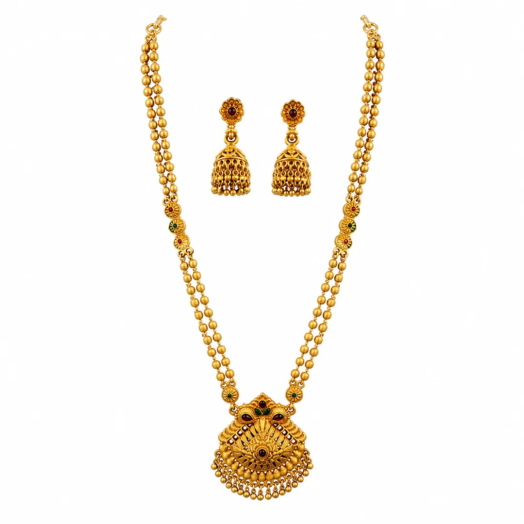 Traditional Temple Long Necklace Set with Matching Jhumka Earrings – Gold-Tone image 1