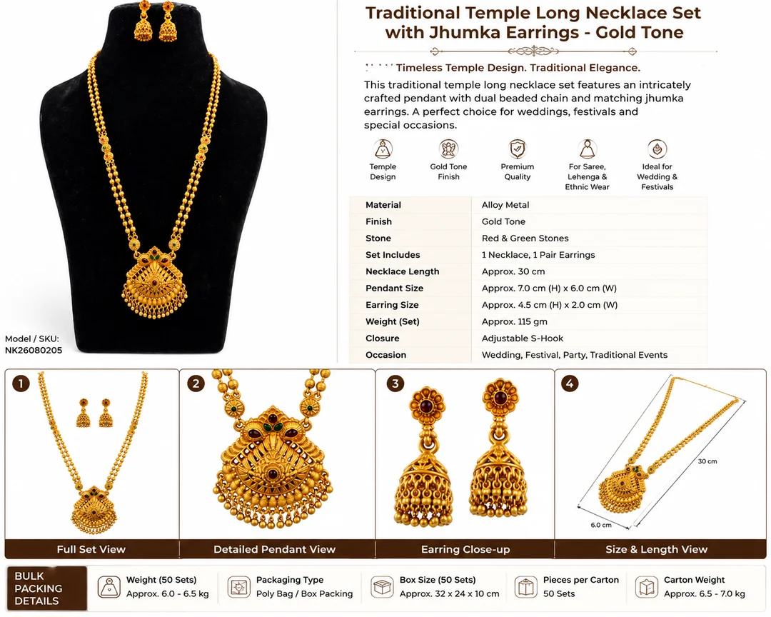 Traditional Temple Long Necklace Set with Matching Jhumka Earrings – Gold-Tone image 2