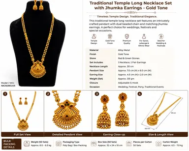 Traditional Temple Long Necklace Set with Matching Jhumka Earrings – Gold-Tone thumbnail 1