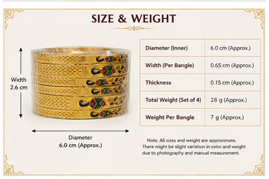 Traditional Gold-Tone Designer Bangle Set of 4 for Women with Textured Pattern & Multicolour Meenakari-Style Peacock Design thumbnail 2