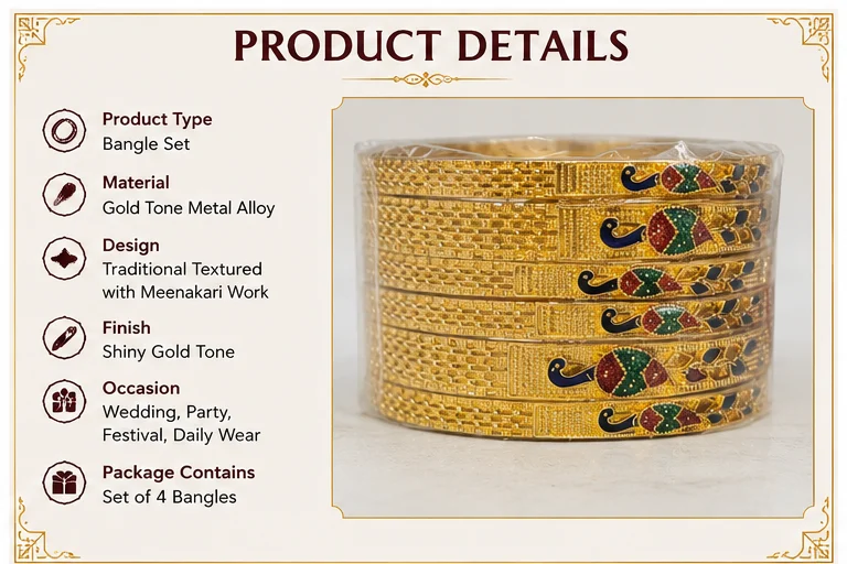 Traditional Gold-Tone Designer Bangle Set of 4 for Women with Textured Pattern & Multicolour Meenakari-Style Peacock Design image 2