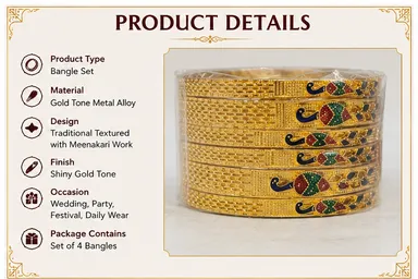 Traditional Gold-Tone Designer Bangle Set of 4 for Women with Textured Pattern & Multicolour Meenakari-Style Peacock Design thumbnail 1