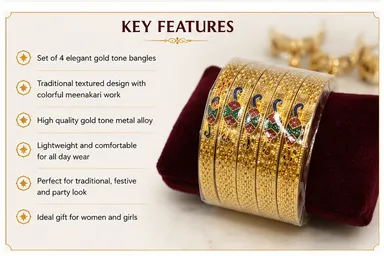 Traditional Gold-Tone Designer Bangle Set of 4 for Women with Textured Pattern & Multicolour Meenakari-Style Peacock Design thumbnail 3