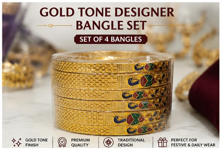 Traditional Gold-Tone Designer Bangle Set of 4 for Women with Textured Pattern & Multicolour Meenakari-Style Peacock Design image 1