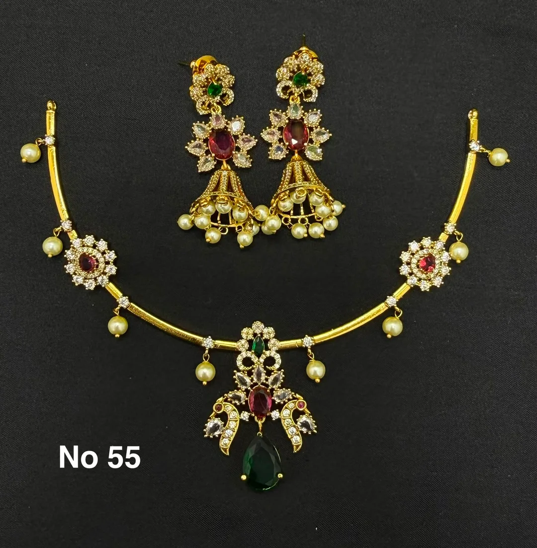 Traditional Gold-Tone Ruby Green Stone Necklace & Jhumka Earrings Set – No. 55 image 1