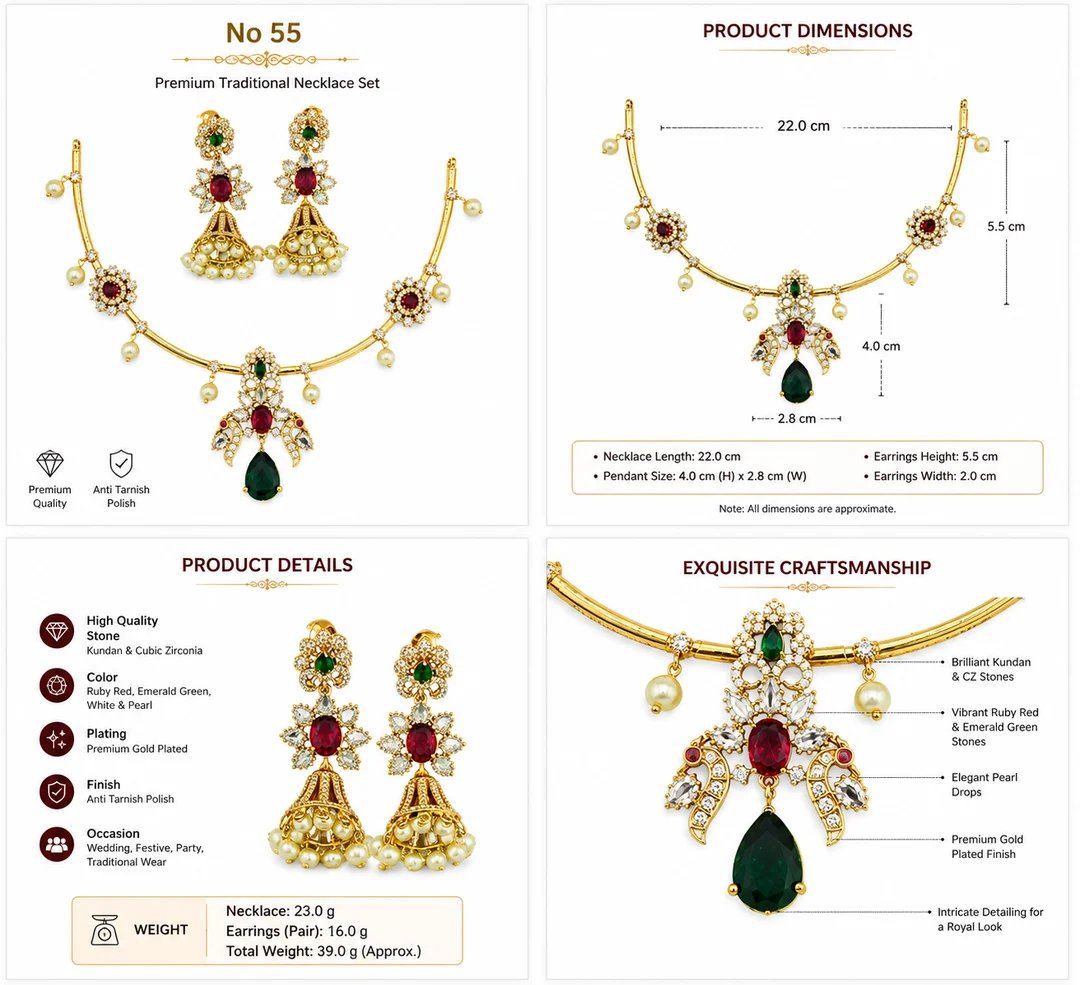 Traditional Gold-Tone Ruby Green Stone Necklace & Jhumka Earrings Set – No. 55 image 2