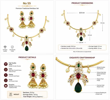 Traditional Gold-Tone Ruby Green Stone Necklace & Jhumka Earrings Set – No. 55 thumbnail 1