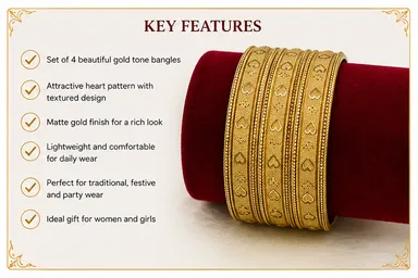 Traditional Gold-Tone Heart Pattern Designer Bangle Set of 4 for Women – Textured Ethnic. thumbnail 3