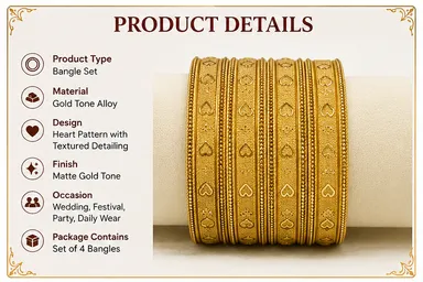 Traditional Gold-Tone Heart Pattern Designer Bangle Set of 4 for Women – Textured Ethnic. thumbnail 1