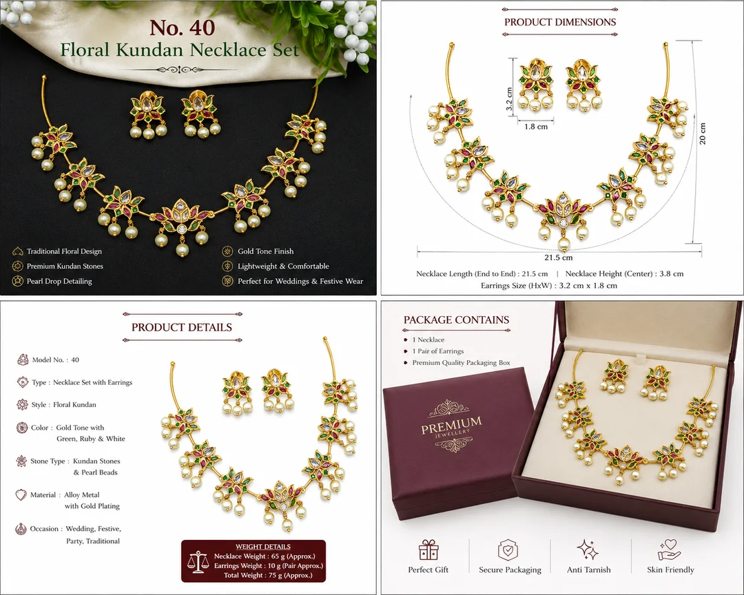 No. 40 Floral Kundan-Style Pearl Necklace Set with Matching Earrings – Green & Ruby Stone Gold-Tone Jewellery image 2