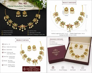 No. 40 Floral Kundan-Style Pearl Necklace Set with Matching Earrings – Green & Ruby Stone Gold-Tone Jewellery thumbnail 1