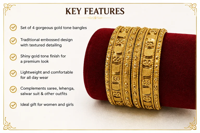 Traditional Gold-Tone Embossed Floral & Circular Pattern Designer Bangle Set of 4 for Women image 4