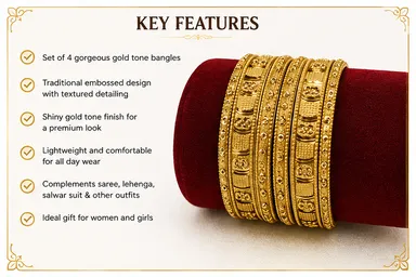 Traditional Gold-Tone Embossed Floral & Circular Pattern Designer Bangle Set of 4 for Women thumbnail 3