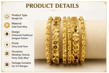 Traditional Gold-Tone Embossed Floral & Circular Pattern Designer Bangle Set of 4 for Women thumbnail 1