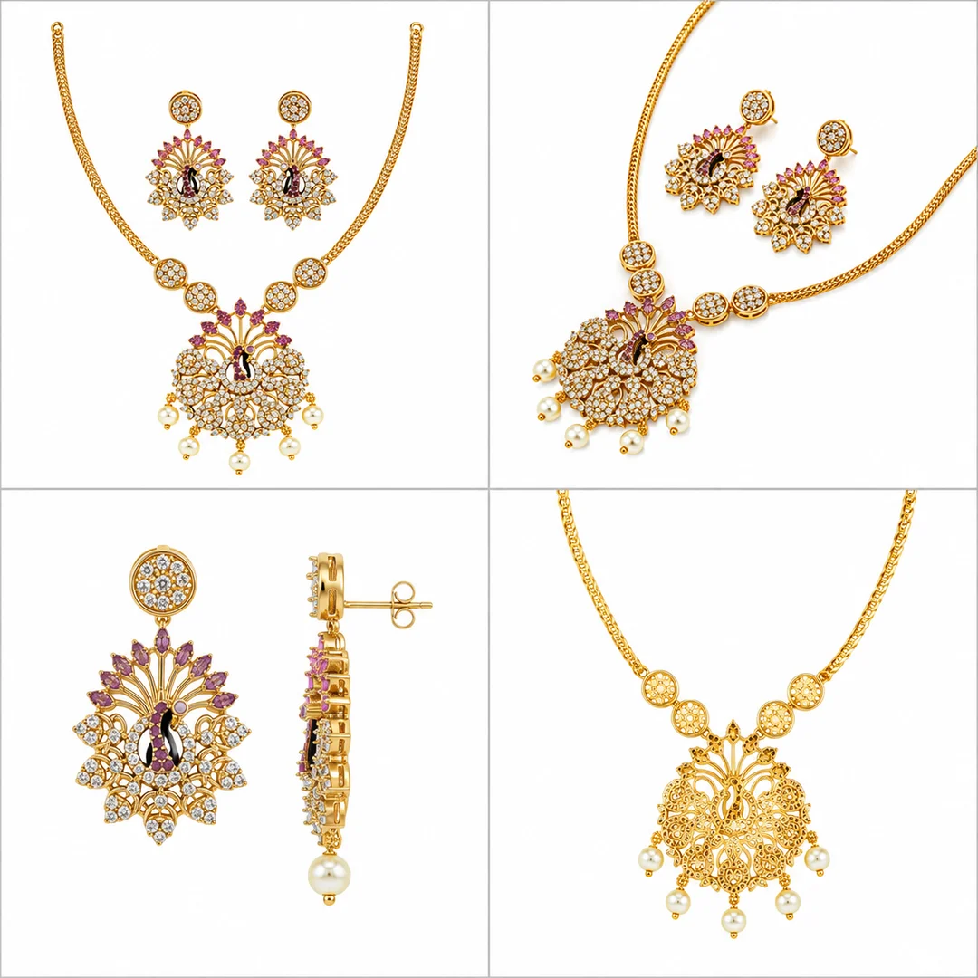 Gold Tone Peacock Design Necklace Set with Matching Earrings for Women image 2