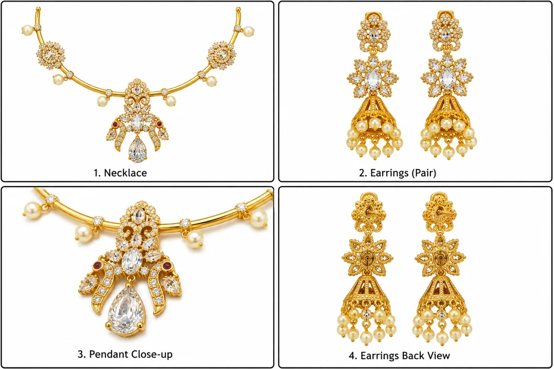 Elegant Gold-Tone CZ Pearl Drop Necklace & Jhumka Earrings Set for Women image 2