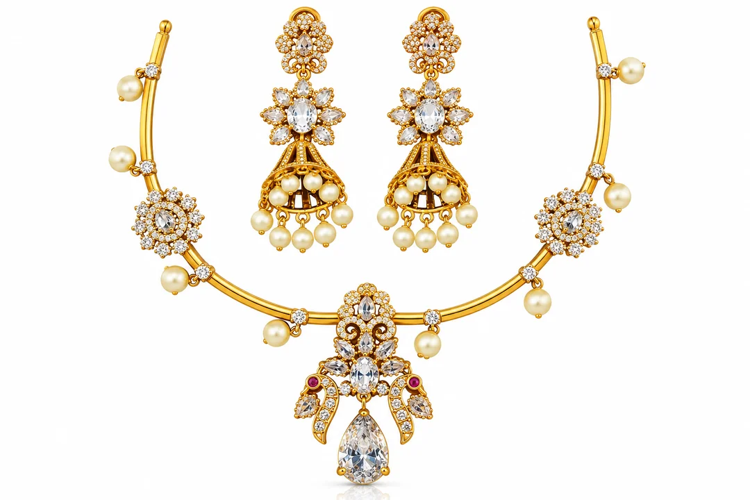 Elegant Gold-Tone CZ Pearl Drop Necklace & Jhumka Earrings Set for Women image 1