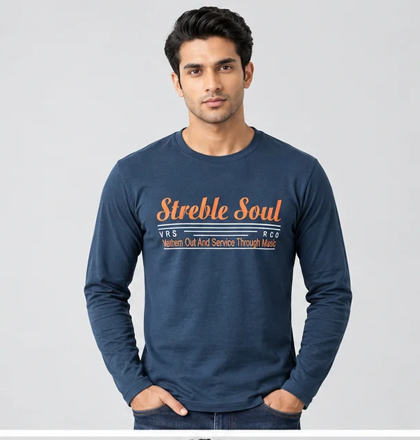 Men’s Navy Blue Printed Cotton Full Sleeve T-Shirt, Round Neck Regular Fit Casual Wear for men size.L image 2