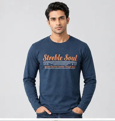 Men’s Navy Blue Printed Cotton Full Sleeve T-Shirt, Round Neck Regular Fit Casual Wear for men size.L thumbnail 1