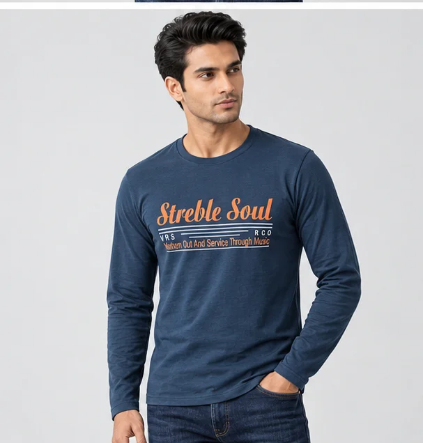 Men’s Navy Blue Printed Cotton Full Sleeve T-Shirt, Round Neck Regular Fit Casual Wear for men size.L image 1