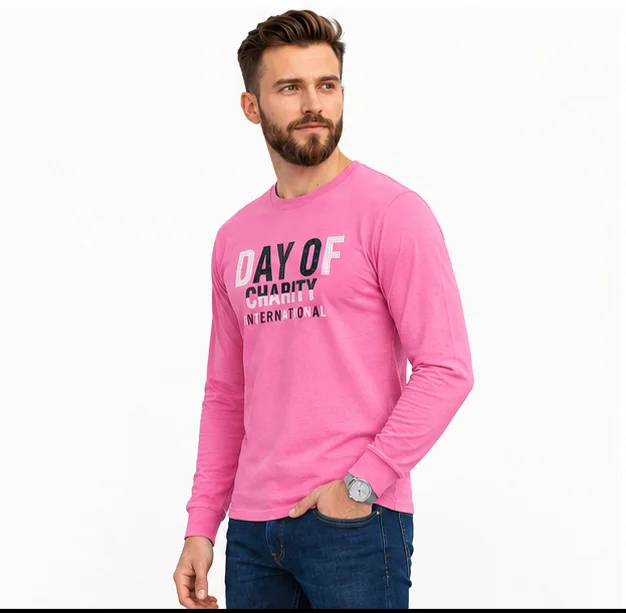 Men’s Pink Printed Full Sleeve T-Shirt – Round Neck Casual Cotton Top with Day of Charity International Graphic Print XL Size image 1