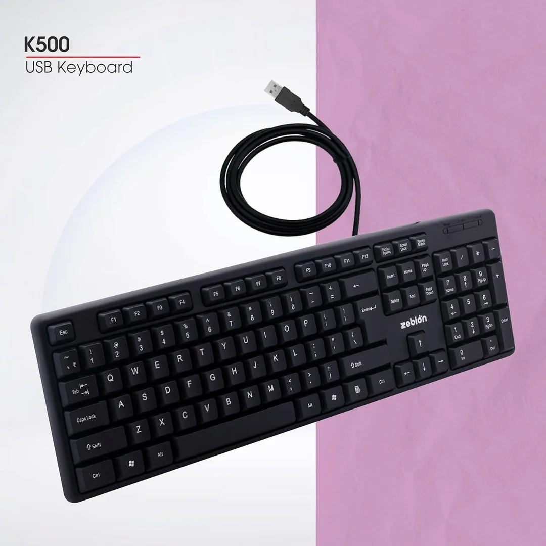 Zebion K500 USB Wired Keyboard 102‑Key Rugged Heavy‑Duty Ergonomic Clicky Touch Design with Rupee Key for PC Laptop India image 3